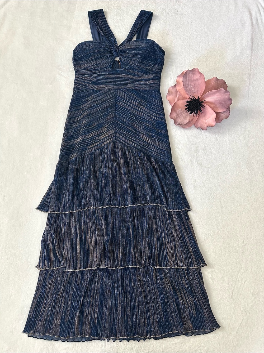 Saylor Hedi Midi Dress Lurex Metallic Tiered Cocktail Dress Medium